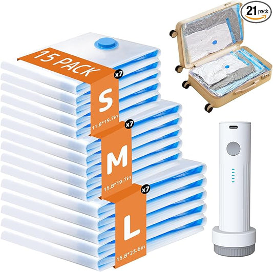 21 Pack Vacuum Bags for Travel with Rechargeable Air Pump, Carry-On Compression Bags for Luggage and Suitcase, Space Saver Storage for Clothing and Travel Organization by QIJIAYIHome