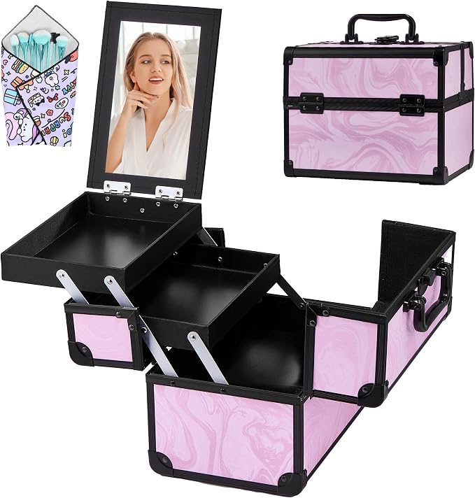 Makeup Train Case, Portable Makeup Case with Mirror, 2-Trays Cosmetic Organizer Case,Nail Polish Organizer, Travel Makeup Box, Profesional for Salon Barber, Pattern Black Pink by Unknown