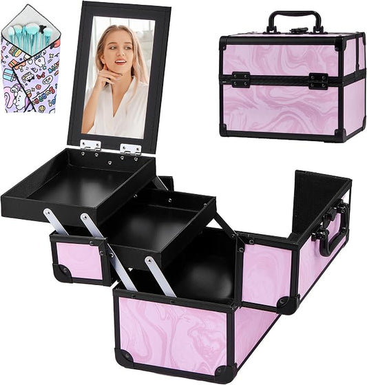 Makeup Train Case, Portable Makeup Case with Mirror, 2-Trays Cosmetic Organizer Case,Nail Polish Organizer, Travel Makeup Box, Profesional for Salon Barber, Pattern Black Pink by Unknown