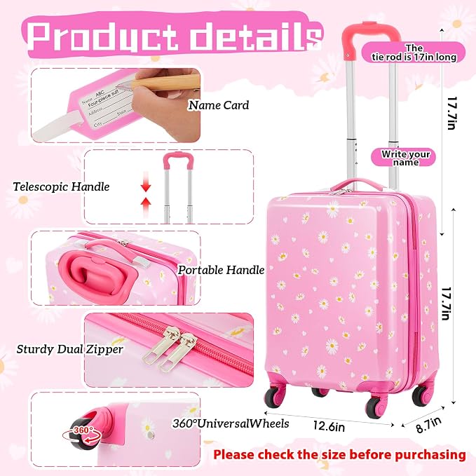 Redbaker 6 Pcs Kids Luggage Set, 17 Inch Rolling Suitcase with Backpack Lunch Bag Neck Pillow, Pink Daisy Travel Set for Summer Vacation Sleepover Back to School Gift - Image 2