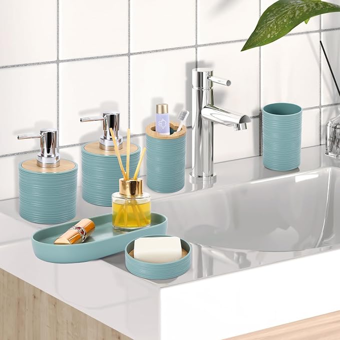 XLHOMO Blue Bathroom Set, Light Blue Bathroom Accessories Set with Trash Can, 2PCS Soap Dispensers, Soap Dish, Toothbrush Holder, Toothbrush Cup,Toilet Brush, Tray and Qtip Holders for Bathroom Decor - Image 2