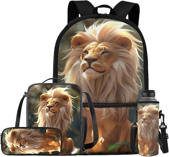 Lion Backpack for Kids Girls Backpack with Lunch Box Water Bottle Pouch and Big Pencil Pouch 4PCS Set Bookbag with Front Pocket 17 inch Sturdy School Bag for Boys Kids Back to School Gifts by ELEDIZI