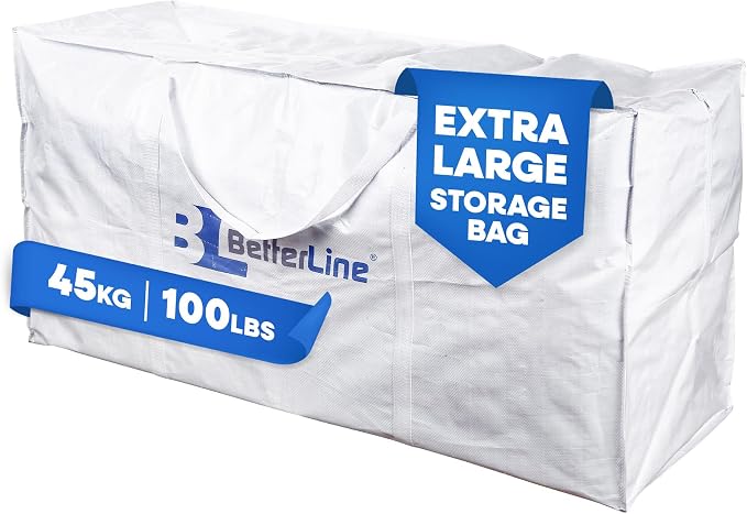 Extra Large Storage Bag - Heavy Duty 45x22x16 Inches Huge Tote Duffel with Max Load of 100 lbs. (45kg) - Tear-resistant & Water-resistant Polypropylene Woven Cloth, With Zippers by BETTERLINE