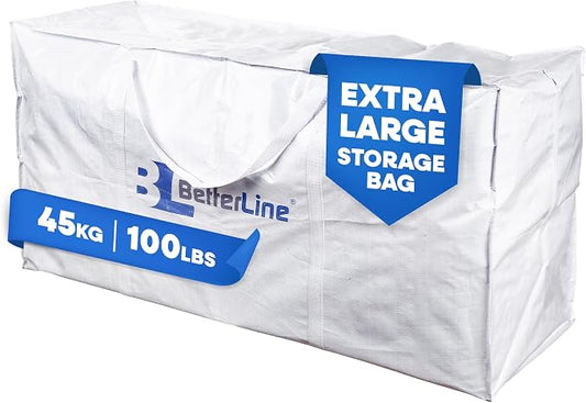 Extra Large Storage Bag - Heavy Duty 45x22x16 Inches Huge Tote Duffel with Max Load of 100 lbs. (45kg) - Tear-resistant & Water-resistant Polypropylene Woven Cloth, With Zippers by BETTERLINE