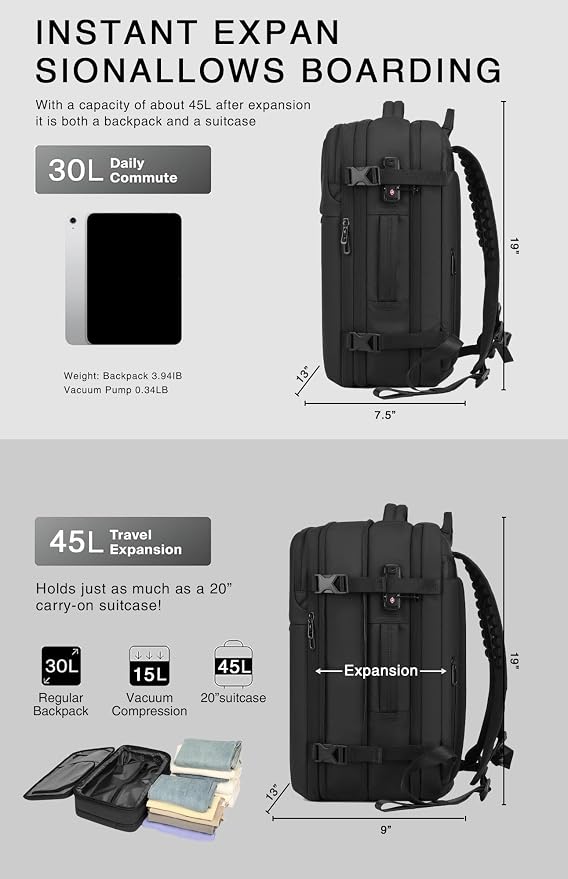 Vacuum Seal Travel Backpack 45L with Pump, Expandable Carry On Backpack with Air Compression System, Water Resistant TSA Lock, Fits 16" Laptop for Travel - Image 7