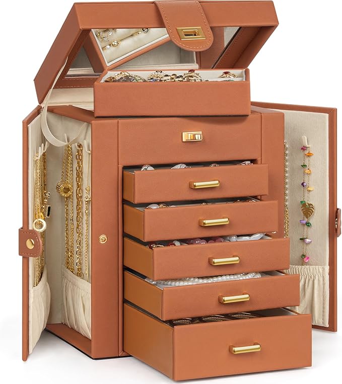 AKOZLIN 6-Tier Jewelry Box Organizer Functional 5 Drawers Leather Jewelry Storage Case for Women Girls Ring Necklace Earring Bracelet Holder Organizer with Mirror Orange Regular - Image 2