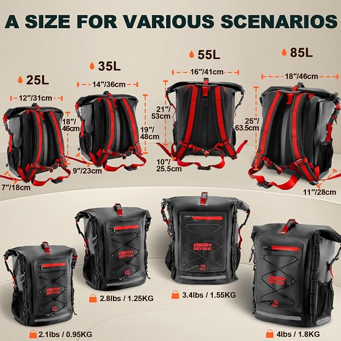 OSAH DRYPAK Waterproof Backpack Dry Bag 25L/35L/55L/85L – Heavy Duty Roll-Top Hiking Backpack Sack Keeps Gear Dry for Travel, Kayaking, Boating, Camping, Rafting and Fishing - Image 2