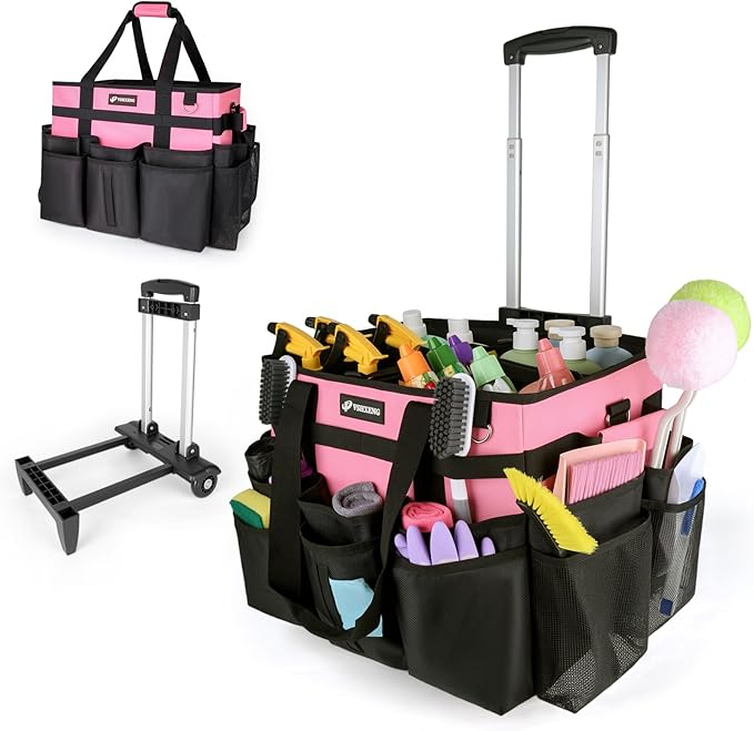 Large Rolling Cleaning Caddy Bag with Wheels, with Detachable Trolley, Cleaning Bags on Wheels for Housekeepers, Cleaning Cart Supplies Organizer for Home, Car, Picnic (Pink) by Unknown