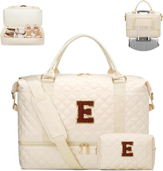 Graduation Gift for Her Women Gift-Birthday Gifts Initial Travel Duffle Bag Quilted Weekender Bags Carry-On Overnight with Cosmetic Bag, Gym Bag with Shoe Compartment, Beige-E by Unknown