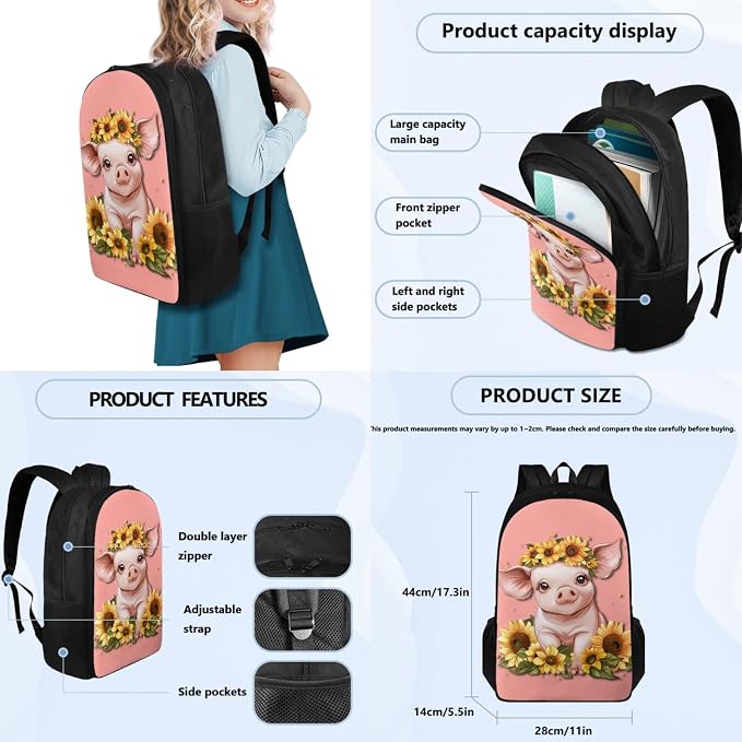 Coloranimal 3Pcs Sunflower Pig Backpack Set School Backpack for Middle Elementary Students School Bag with Small Insulated Lunch Bag Pencil Case - Image 2