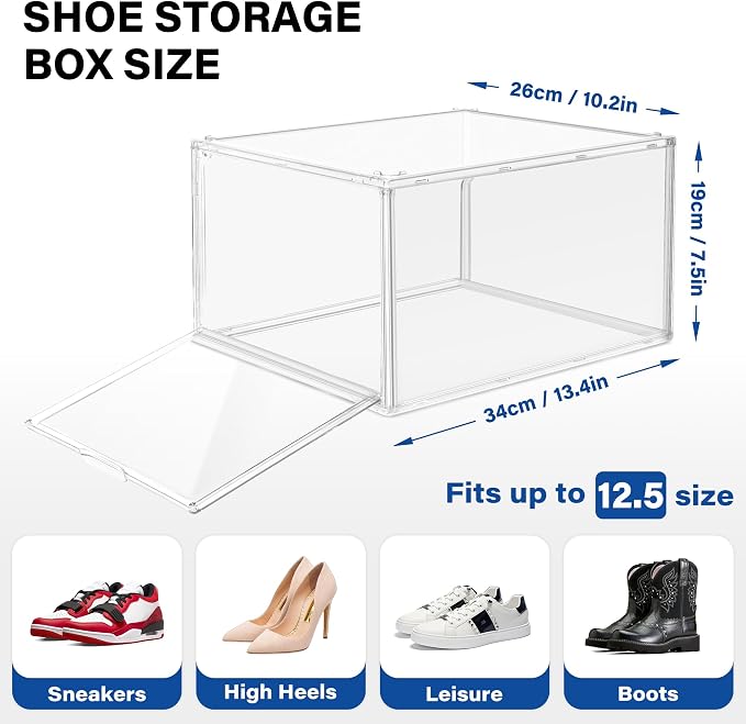 1 Pack Drop Front Shoe Boxes Acrylic Box Sneaker Case Size 12, Transparent Display Cases for Sneaker Collections, Baseball Caps, Hat Organizer Dust-free Shoe Cubbies Stackable Sneaker Boxes - Image 2