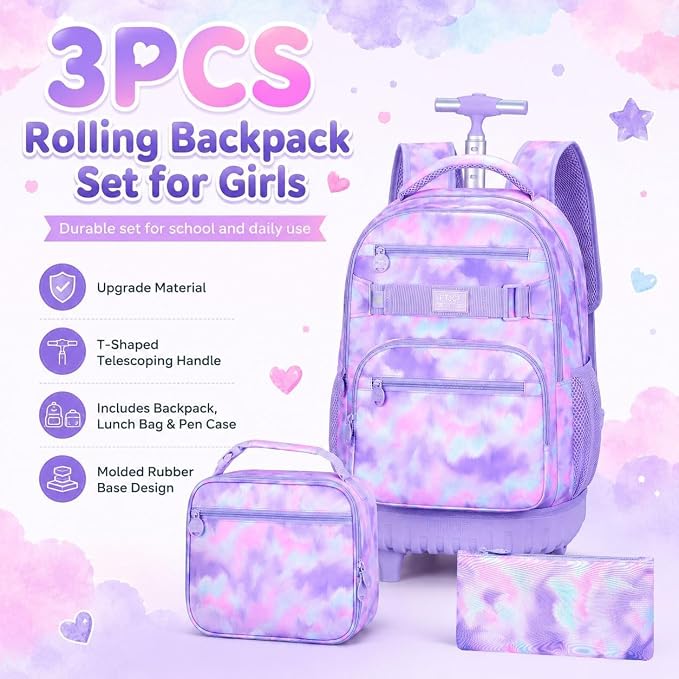3Pcs Rolling Backpack for Girls, 19 Inche Women Roller Bag with Wheels for Adults, Wheeled Bookbag with Lunch Box(Purple) - Image 5