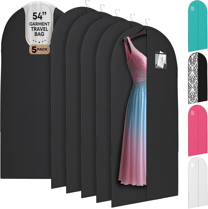 Luxury On the Go Long Formal Dress Bag – 54" Hanging Garment Bag for Dresses, Prom & Bridesmaid– Long Garment Bags for Hanging Clothes Lightweight & Tear-Resistant with Clear ID Window – 5 Pack by YourBags