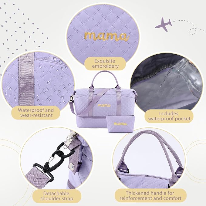 Dansydaisy Mama Hospital Bag for Women Labor Delivery Travel Duffle Bag with Shoe Compartment and Toiletry Pouch Waterproof Letter Embroidered for Pregnancy Weekender Overnight Gym Gift, Purple - Image 4