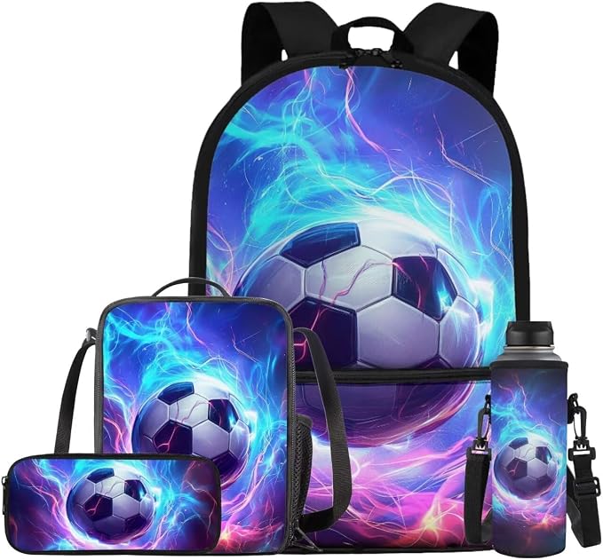Lightning Soccer Backpack for Boys Girls Backpack with Lunch Box Water Bottle Holder with Strap and Pencil Case 4PCS Set Bookbag with Front Pocket for School 17 inch Sturdy School Bag for Kids by ELEDIZI