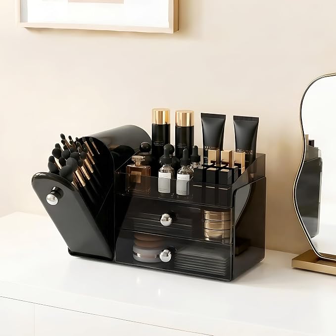 lurcns Makeup Organizer with Dustproof Brush Holder for Vanity, Large Cosmetics Organizer and Bathroom Countertop Skincare Storage with 2 Clear Drawers for Lipstick, Perfume, Eyeshadow Palettes,Black - Image 2