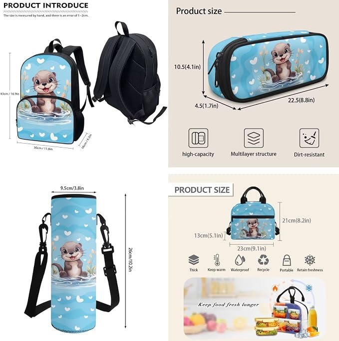 Children Schoolbag Set 4Piece Set Cartoon Otter Backpack with Lunchbox+Pencil Case+Water Bottle Carrier Bag for Boys Girls Kindergarten Bookbag Personalize Otter Backpack Custom Name - Image 4