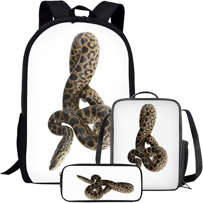 Kids Novelty Animal Backpack and Lunch Box for Boys Girls Student Lightweight 17 Inch School Snake Anaconda Backpack with Lunch Bag Pencil Case Kids Comfy Padded Black Large Bookbag by Parprinty