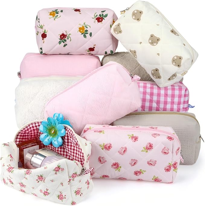 Paterr 10 Pcs Quilted Makeup Bag Bulk Cotton Floral Cosmetic Bag Women Girls Bridesmaid Gifts Cute Makeup Pouch Coquette Aesthetic Travel Toiletry Organizer(Beige Floral,7.87 x 4.72 x 3.15 Inches) by Paterr
