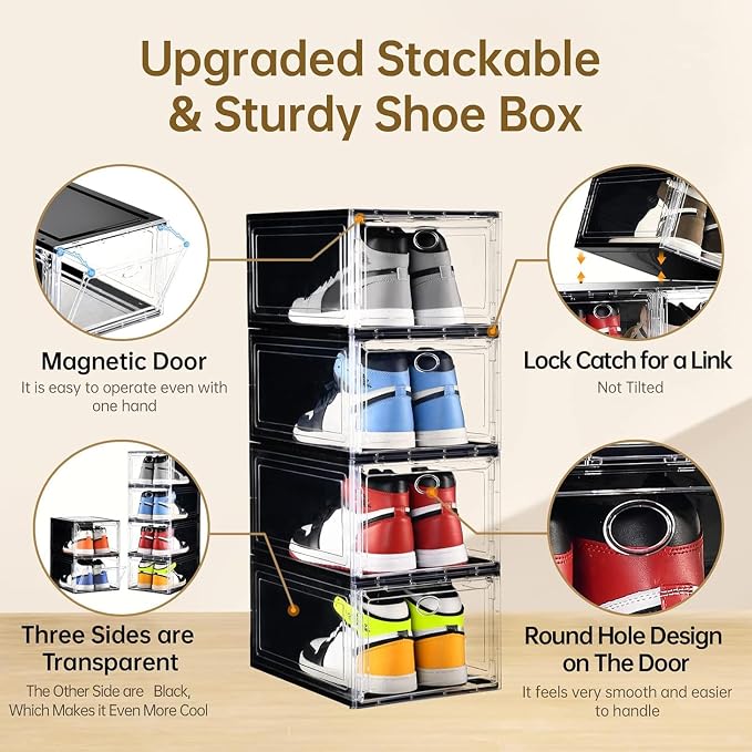 Amllas 10 Pack Shoe Boxes Stackable,Upgraded Sturdy Storage Boxes with Clear Magnetic Door,Multifunctional Sneaker Organizer Fit up to US Size 12 (13.8”x 9.84”x 7.1”) - Image 4