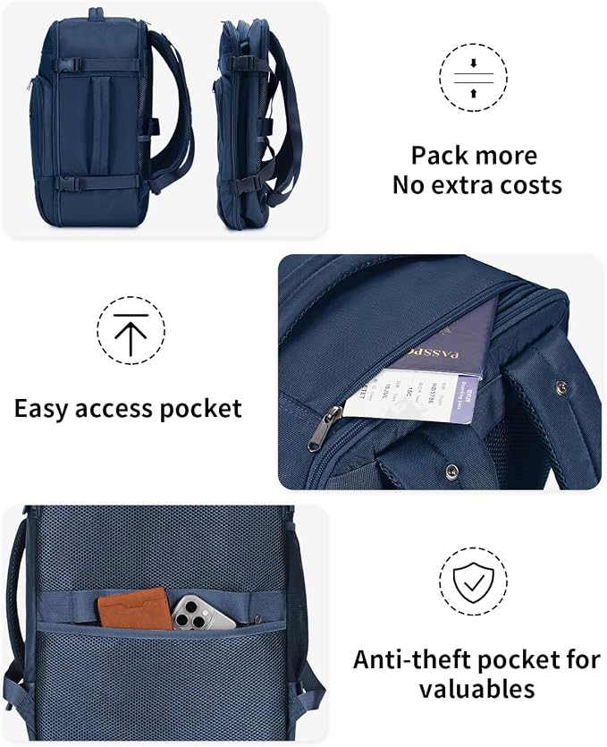 ECOHUB Travel Backpack for Men, 18x14x8 Frontier Airlines Personal Item Bag with Clear Toiletry Bag, Laptop Carry on Backpack with USB Port, Airline Approved Under Seat 14 Pockets 30L, Blue - Image 8