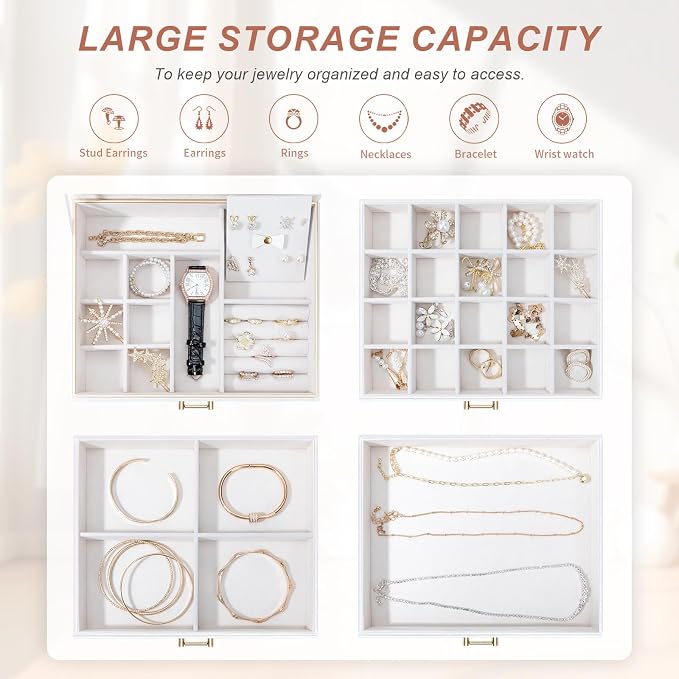 Jewelry Organizer Box, Women Jewelry Box White Jewelry Case 3-Layer with 3 Drawers, Jewelry Boxes for Women Jewelry Organizer, White - Image 4