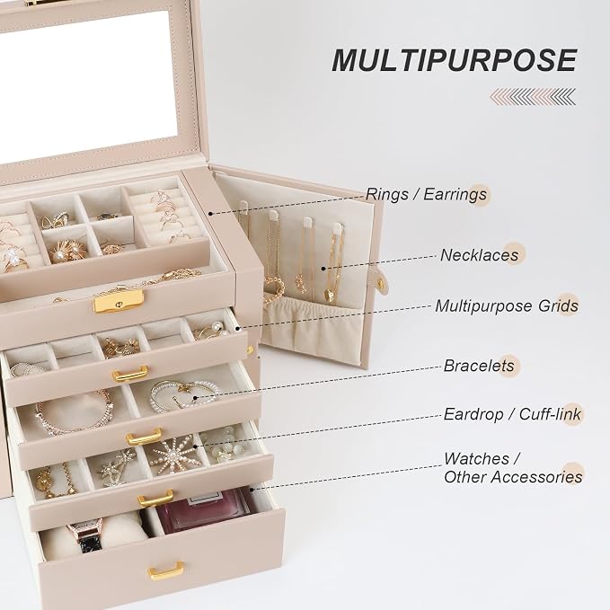 Jewelry Box, Women's Jewelry Organizer with Mirror, 5 Layers & 4 Drawers, Apricot - Image 3