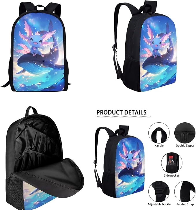 Blue Axolotl Backpack and Lunch Bag Set for Girls 6-8/5-7 Killer Whale Elementary School Bookbag for 1st Grade Galaxy Preschool Back Pack Lunch Box Pencil Case Water Bottle Holder 4 in 1 - Image 2