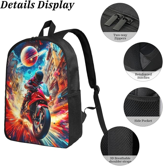 Motorcycle Kid Backpack Set with Lunch Bag & Pencil Case Large Capacity School Bag 17 Inch Bookbag for Boy Girl - Image 5