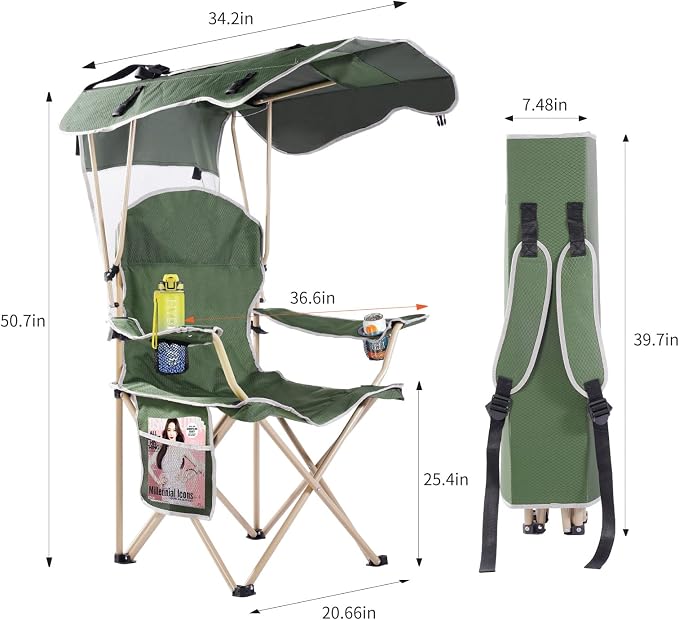 VTOY Portable Camping Chair with Canopy - Folding Chair with Canopy, Durable 600D Oxford Canopy Chair for Camping, Beach, Picnics, Fishing & Sports - Image 3