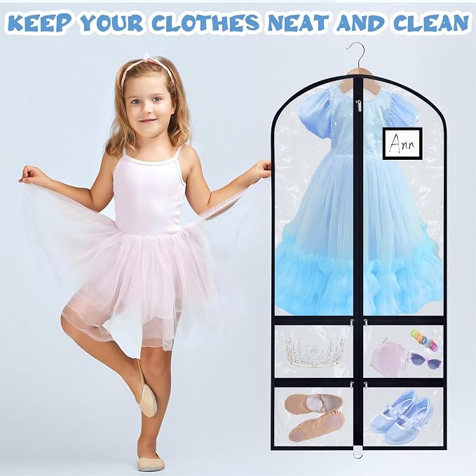 6 Pcs 24'' x 50'' Clear PVC Garment Bag Dance Costume Competition Bag with Rack Zippers Pockets Hanging Garment Covers Costume Organizer Costume Carrier for Adults Kids(Transparent Black) - Image 5