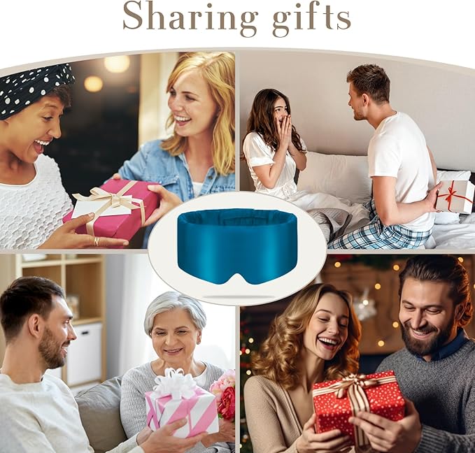 100% Mulberry Silk Sleep Mask Eye Mask for Women Man with Adjustable Band, for Side Sleeper Blackout Sleep Mask for Travel Rest and Office Large Size (Blue)