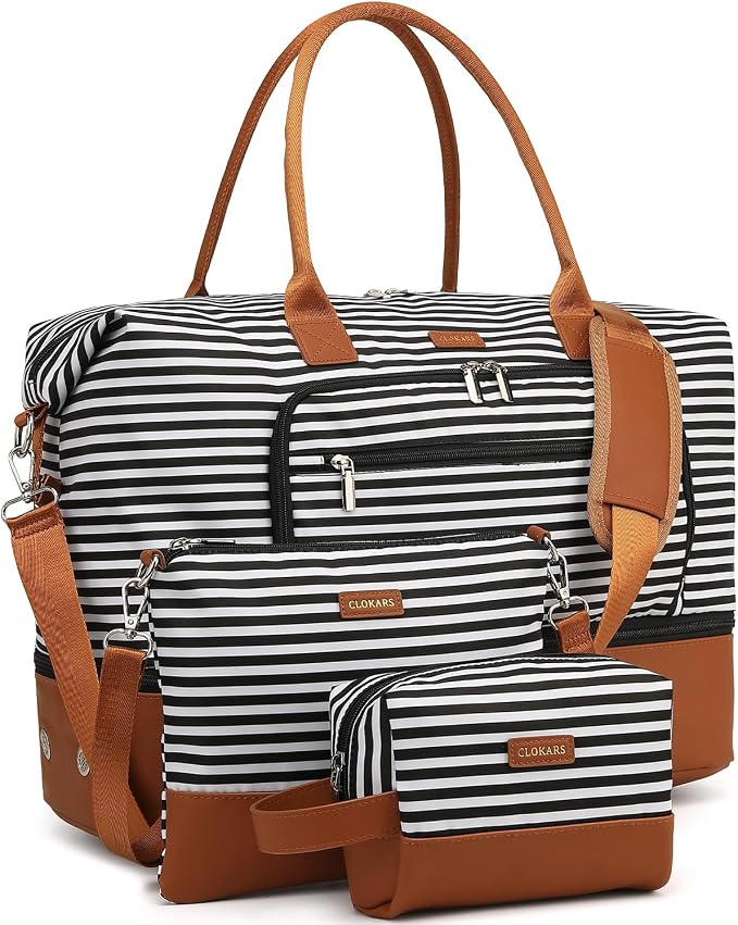 Weekender Bags for Women Travel, Under Seat Carry On Bags for Airplanes Overnight Bag with Shoe Compartment Luggage Sleeve, Foldie Travel Tote Bag Hospital Bag, Travel Gifts, Black Strip by Unknown