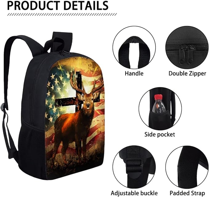 17 Inch Knapsack Set Elementary and Middle School Students Lightweight School Bag Set, Reusable Backpack Set with Lunch Bag Pen Bag, Deer American Flag Shining Cross - Image 3