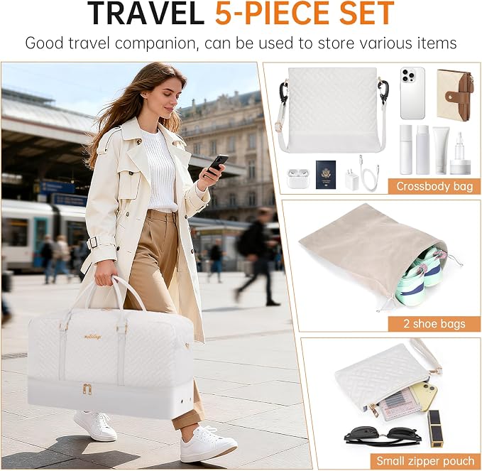 Weekender Bag for Women, 5 Pcs Set Carry on Overnight Bag, 21" Travel Duffel Bag with Waterproof Shoe Compartment for Weekend Travel Business Trip - Image 6