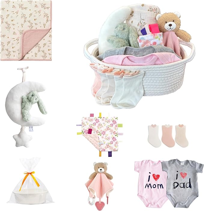 CREVENT Gift Set for Girls Boys -Diaper Caddy Organizer Basket with 1 Blanket, 1 Taggie, 1 Lovey, 3 Socks，2 Baby Bodysuits, 1 Crib Mobile, 1 Gift Bag - Newborn Essential by CREVENT