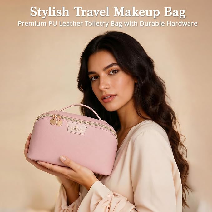 Travel Makeup Bag for Women: 3-in-1 Large Capacity Cosmetics Organizer with 2 Detachable Pouch - Vegan Leather Flat Open Toiletry Bag - Portable Travel Essentials for Full-Sized Bottles(Pink) - Image 9