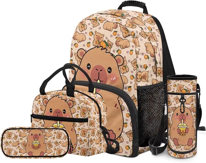 Cute Capybara Backpack for Boys Girls Elementary School Bookbag Satchel 4 Pack Backpacks with Insulated Lunch Bag and Pencil Case Water Bottle Holder Set - Image 2