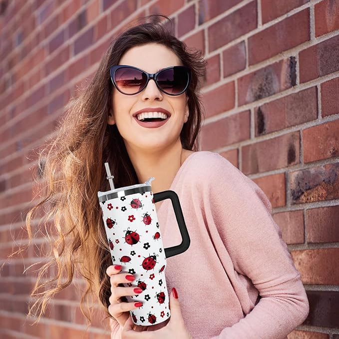 30 Oz Ladybug Tumbler With Handle,Ladybug Coffee Travel Mug Cup Water Bottle,Ladybug Decor,Ladybug Gifts for Women