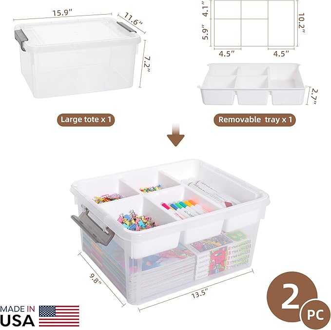 Citylife 17QT 2Packs Clear Craft Organizers and Storage Box with Tray | Stackable Art Supply Organizer Storage Bins with Lids for Beads, Markers, Sewing, Tools, Playdoh, Coloring Books, Made in USA - Image 2