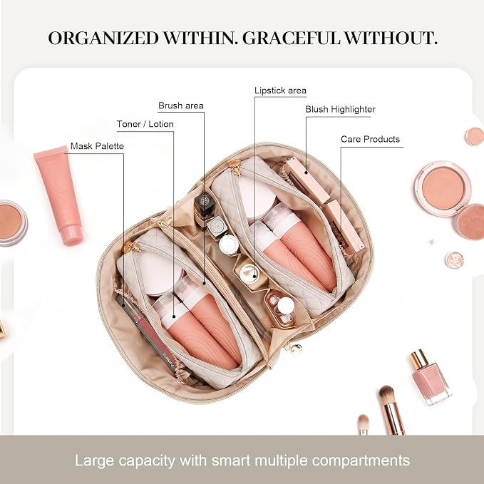 Travel Makeup Bags Cosmetic Organizer: 3Pcs Set Puffy Make up Bag for Women | Beige Premium Quilted ELEGANCE Design | Large Capacity Leather Toiletry Bags | Wide Open Compact Case for Travel Essentials - Image 5