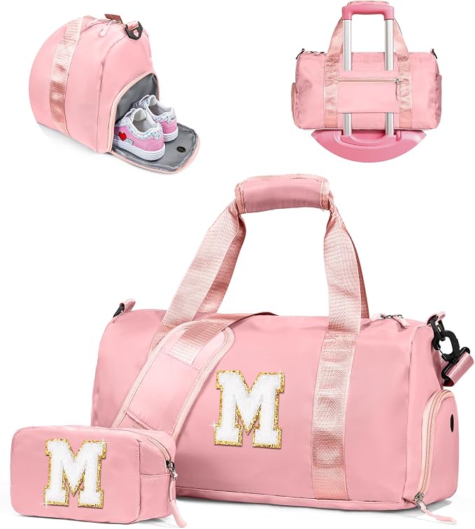 Gifts for 3 4 5 6 7 8 9 10 Year Old Girls-Girl Gym Bag with Shoe Compartment, Kid Personalized Weekender Dance Bags, Initial Travel Tote with Makeup Pouch, Gift Ideas for Kids (Letter M) by Vogewood