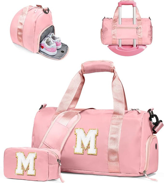 Gifts for 3 4 5 6 7 8 9 10 Year Old Girls-Girl Gym Bag with Shoe Compartment, Kid Personalized Weekender Dance Bags, Initial Travel Tote with Makeup Pouch, Gift Ideas for Kids (Letter M) by Vogewood