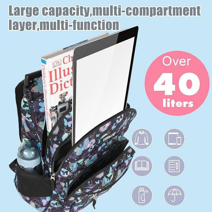 Tilami Rolling Backpack for Kids 18 Inch Double Handle Wheeled Bookbag for Boys & Girls for School & Travel,Butterfly - Image 4
