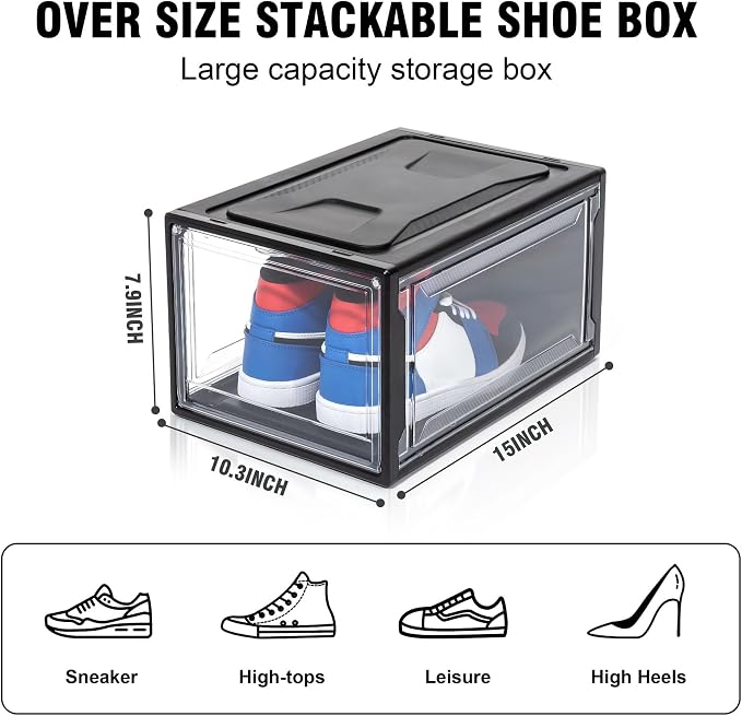 12 Pack Shoe Boxes, Clear Acrylic Plastic Shoe Boxes Stackable, Space-Saving Foldable Drop Front Shoe Storage Boxes Container for With Lids Fits Up to Size 15 (Dark Black) - Image 6