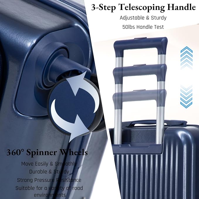 2 Pcs ABS Spinner Luggage Set - 14" Cosmetic Case & 20" Carry-On with Combination Lock, Front Opening Design, Navy Blue - Image 4