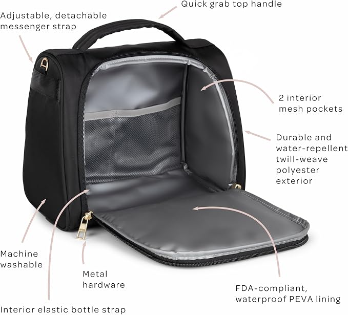 JuJuBe Insulated Bottle Bag, Breastmilk Cooler, Fits 3 Baby Bottles, Storage Tote for Nursing Mom, Daycare & Travel, Lunch Bag w/Handle & Shoulder Strap (Black) - Image 5