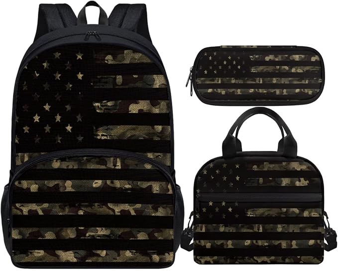 Flag Camouflage Boys 17 inch Bookbag with Lunch Box and Pencil Pouch Cute 3 Piece Bookbag Set for Teen Girls Kawaii Aesthetic Back to School Backpack by Vanideaoty
