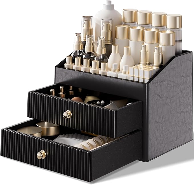 LADSTAG Make up Organizers for Vanity,Leather Makeup organizer for Vanity,Large Capacity Black Vanity Storage for Nail Polish,Bedroom,Bathroom,Gifts for Mom,Unique Gifts for Women by LADSTAG
