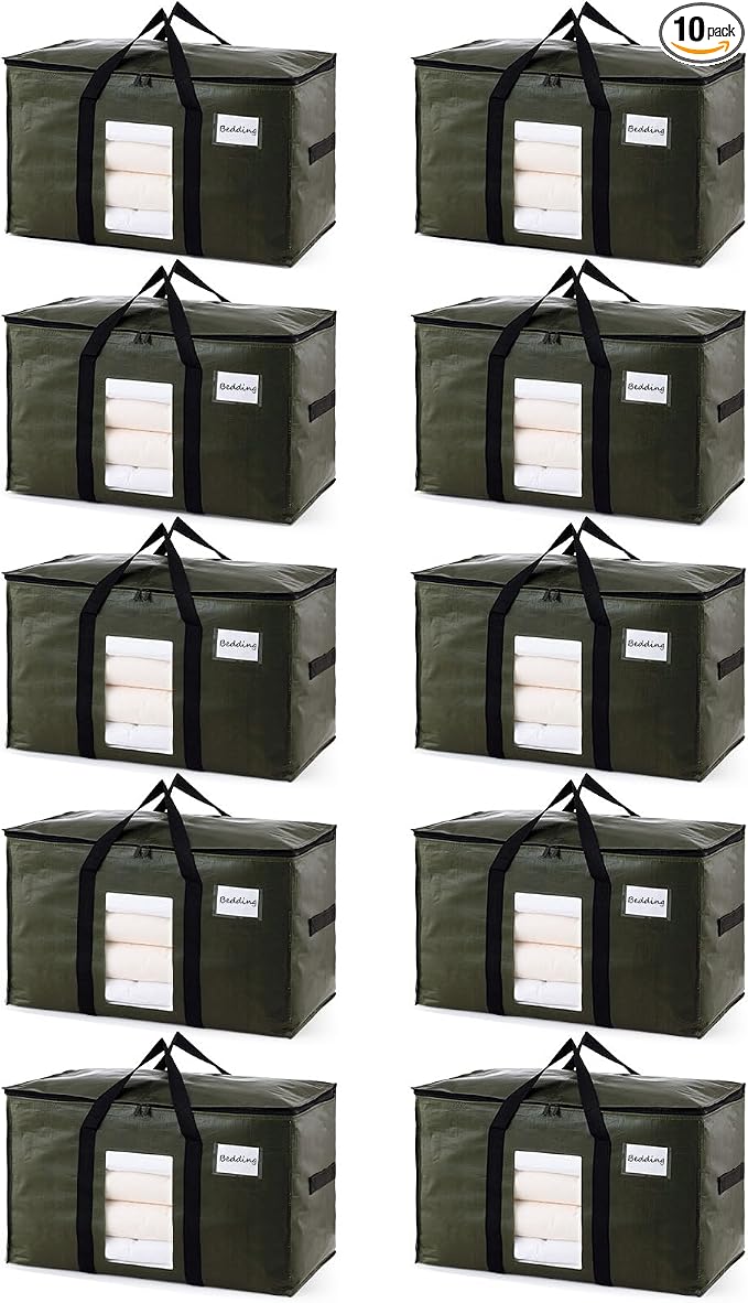 TAILI 10 Pack Green Extra Large Storage Bags, Heavy Duty Totes with Visible Window, Wrap Around Handles, Perfect for Moving by TAILI